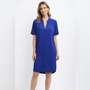 Vince Cobalt Blue Silk Trim Shift Dress Tunic — Short Sleeve Minimalist — Small